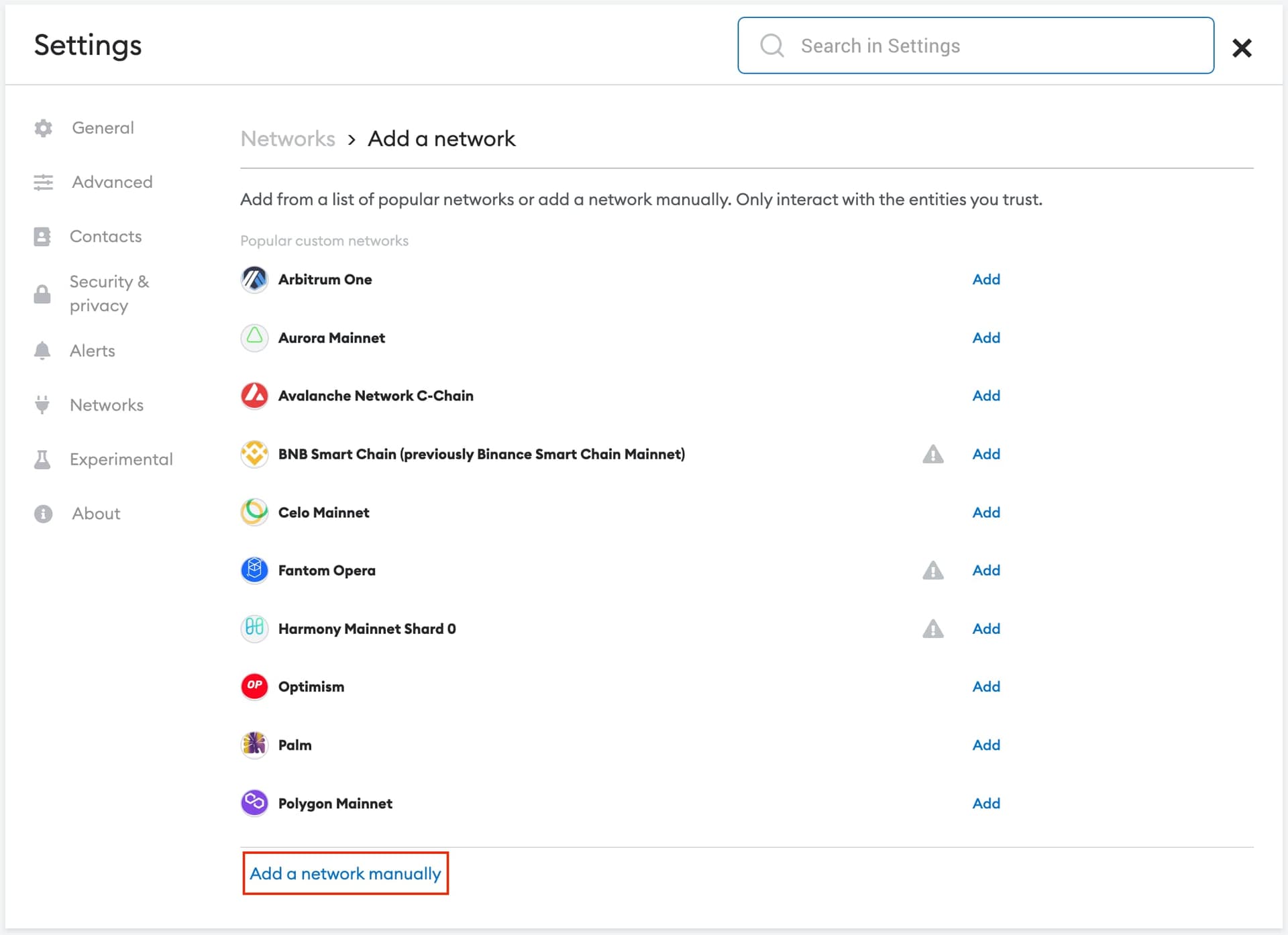 Manually add a new network to MetaMask
