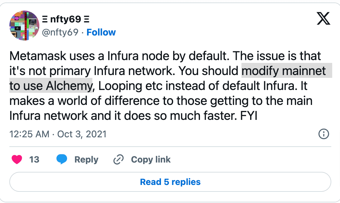 MetaMask network settings: modifying Mainnet to use an Alchemy RPC endpoint