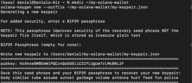 Solana wallet generation output