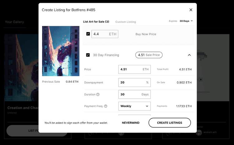 The NFT owner defines their payment terms including the sale price, buy now price, down payment, duration, payment frequency, and interest rate.